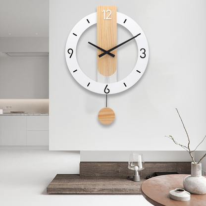 Scandinavian Pendulum Wall Clock with Wood Detail and Round Frame