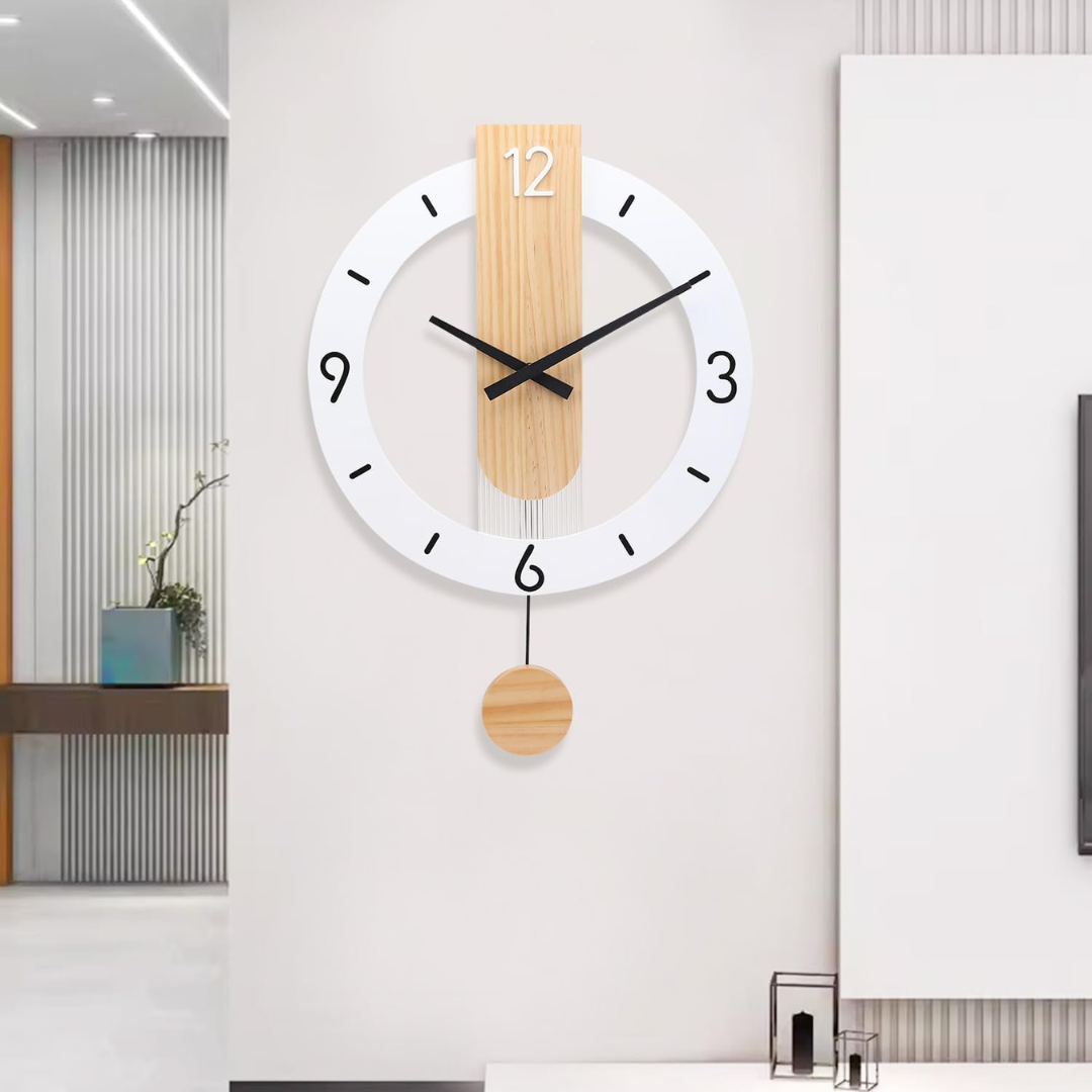 Scandinavian Pendulum Wall Clock with Wood Detail and Round Frame