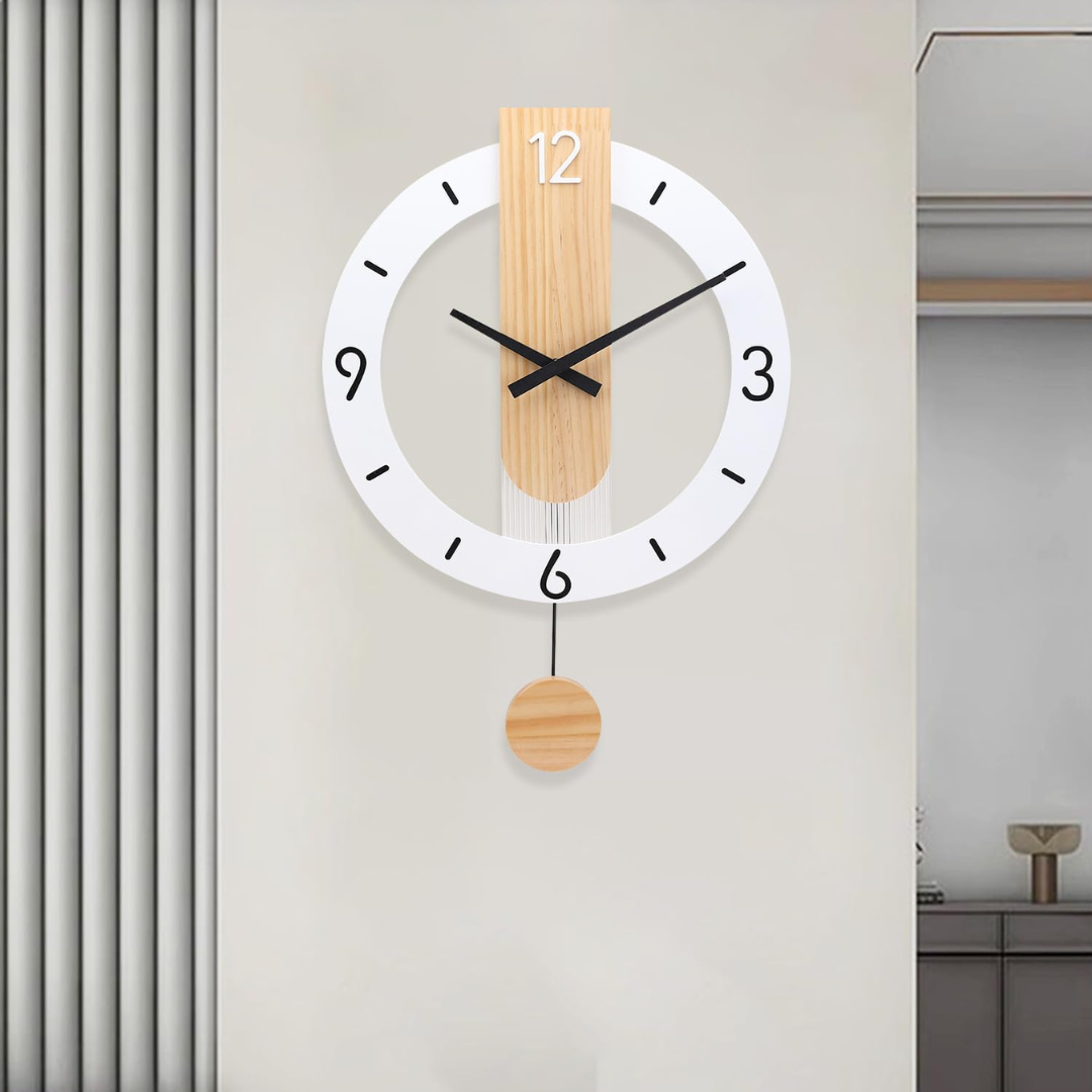 Scandinavian Pendulum Wall Clock with Wood Detail and Round Frame