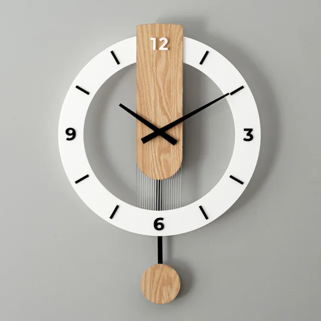Scandinavian Pendulum Wall Clock with Wood Detail and Round Frame