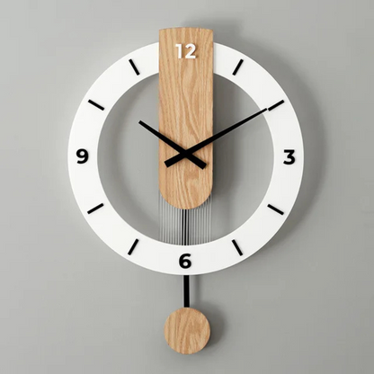 Scandinavian Pendulum Wall Clock with Wood Detail and Round Frame