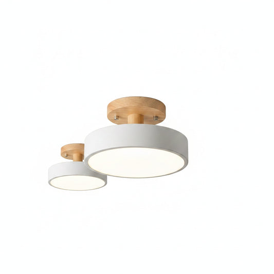 Scandinavian Round LED Semi-Flush Ceiling Light with Wood Base