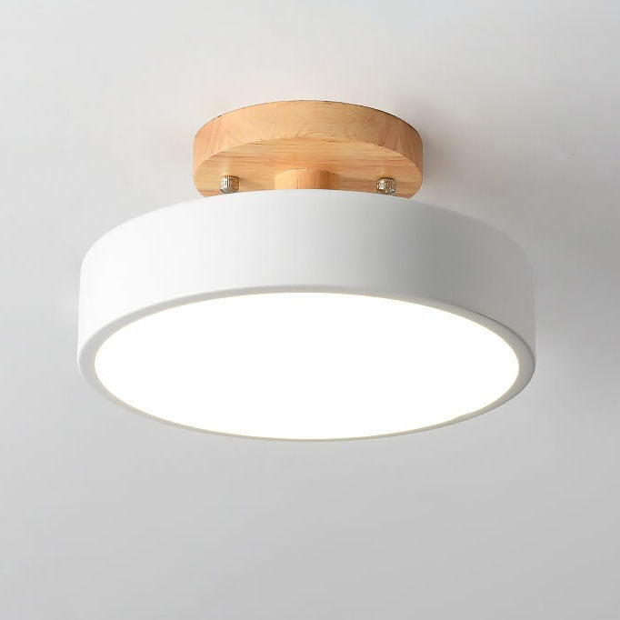Scandinavian Round LED Semi-Flush Ceiling Light with Wood Base