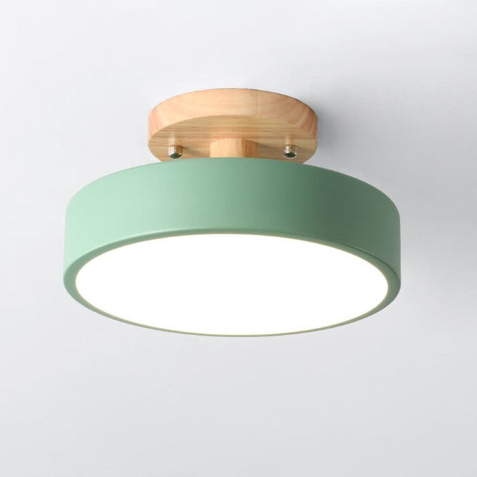 Scandinavian Round LED Semi-Flush Ceiling Light with Wood Base