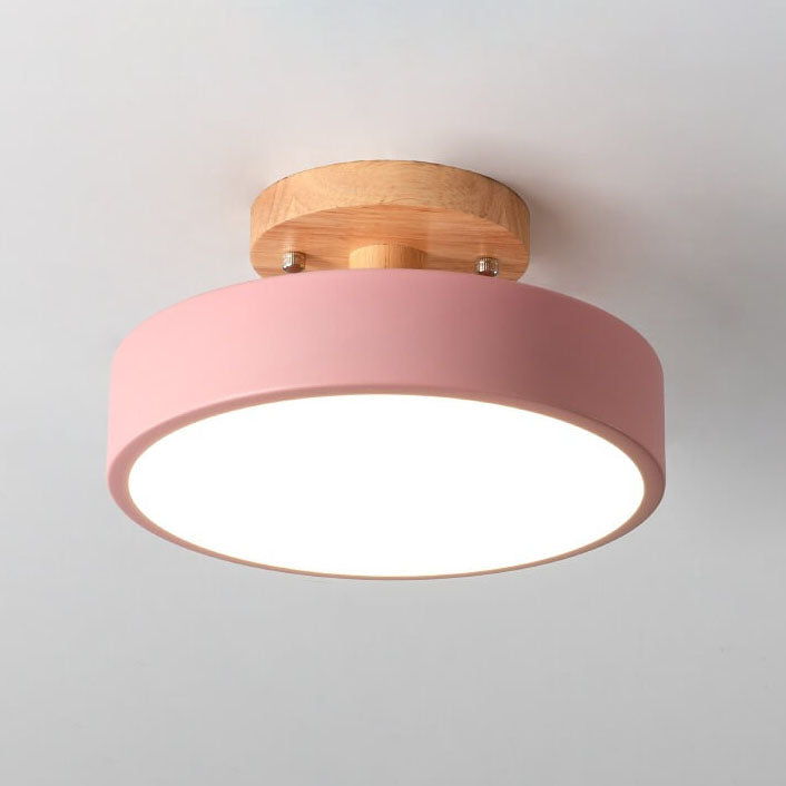 Scandinavian Round LED Semi-Flush Ceiling Light with Wood Base