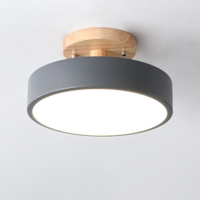 Scandinavian Round LED Semi-Flush Ceiling Light with Wood Base