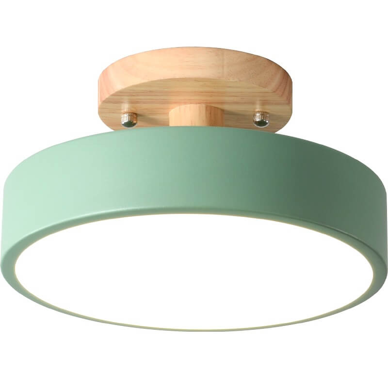 Scandinavian Round LED Semi-Flush Ceiling Light with Wood Base