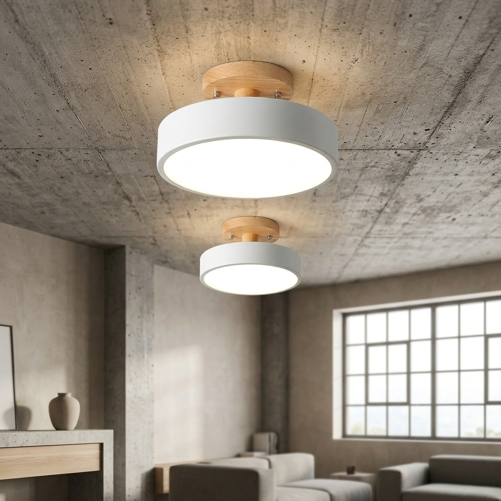 Scandinavian Round LED Semi-Flush Ceiling Light with Wood Base