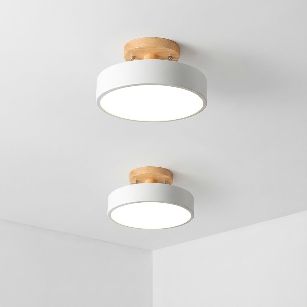 Scandinavian Round LED Semi-Flush Ceiling Light with Wood Base