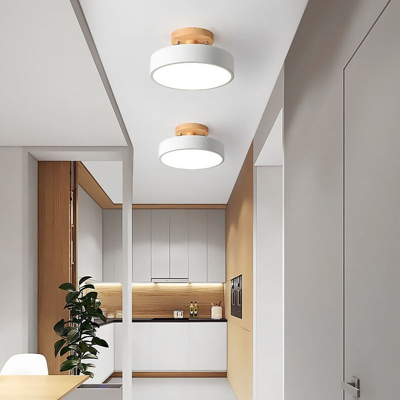 Scandinavian Round LED Semi-Flush Ceiling Light with Wood Base