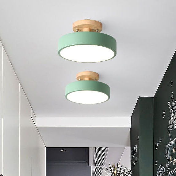 Scandinavian Round LED Semi-Flush Ceiling Light with Wood Base