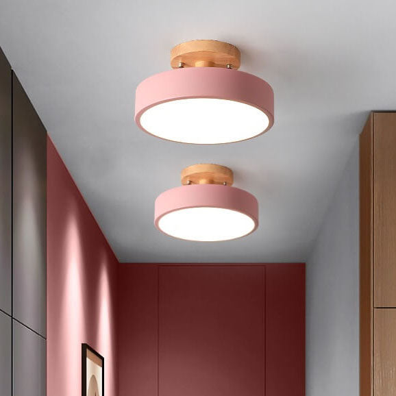 Scandinavian Round LED Semi-Flush Ceiling Light with Wood Base