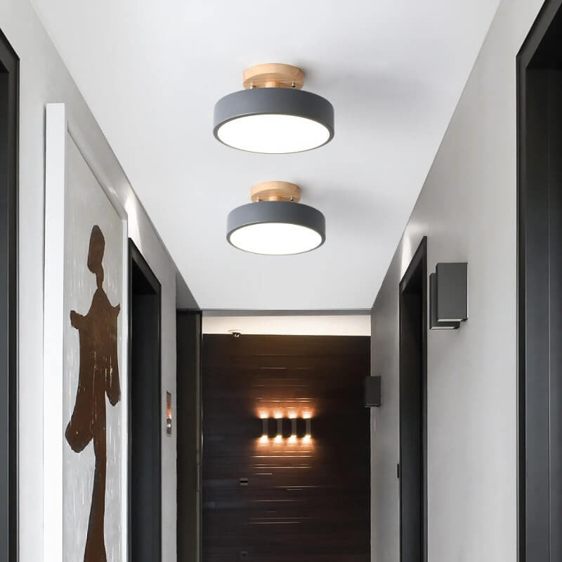Scandinavian Round LED Semi-Flush Ceiling Light with Wood Base