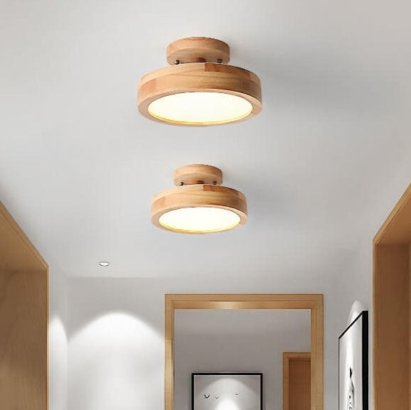 Scandinavian Round LED Semi-Flush Ceiling Light with Wood Base
