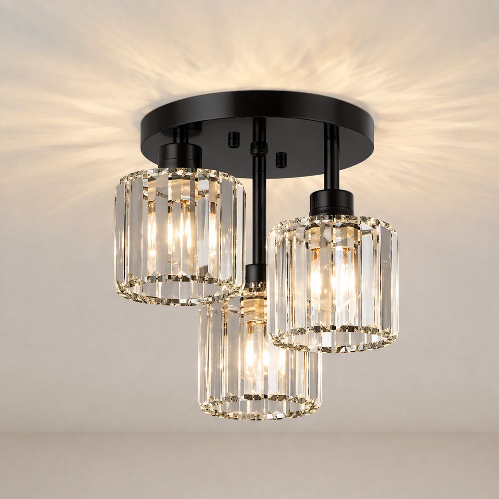 Semi Flush Ceiling Light Modern Art Deco with Crystal Glass Shades 3-Light