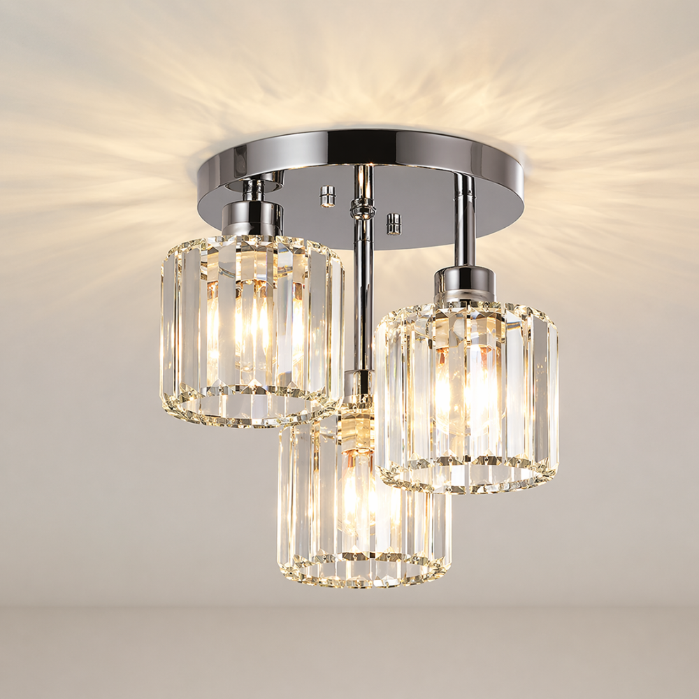Semi Flush Ceiling Light Modern Art Deco with Crystal Glass Shades 3-Light