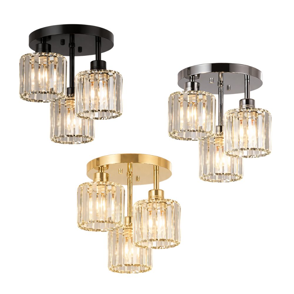 Semi Flush Ceiling Light Modern Art Deco with Crystal Glass Shades 3-Light
