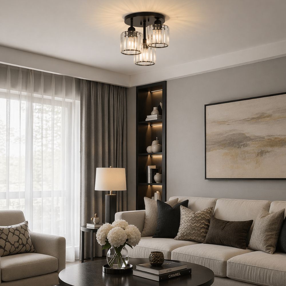 Semi Flush Ceiling Light Modern Art Deco with Crystal Glass Shades 3-Light