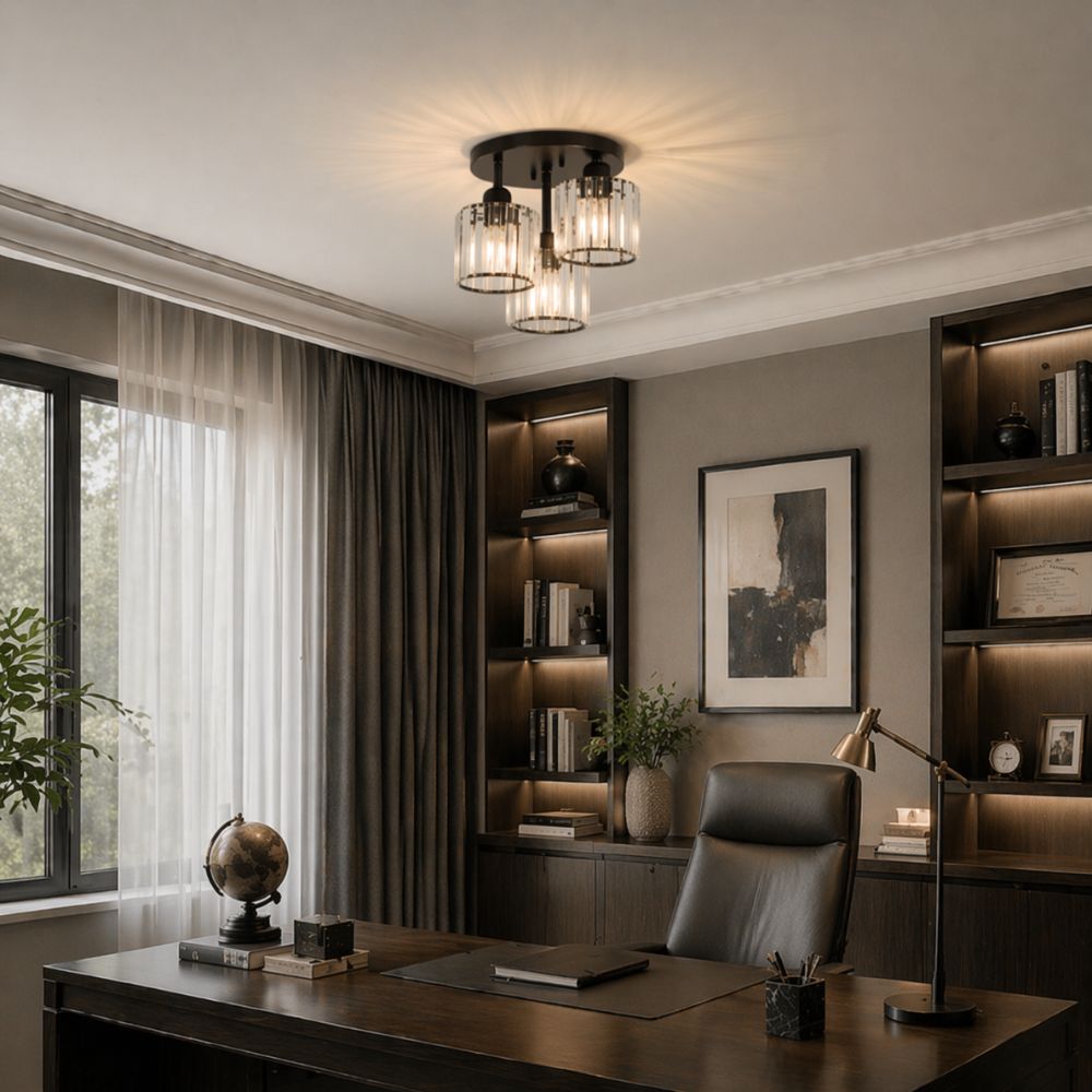 Semi Flush Ceiling Light Modern Art Deco with Crystal Glass Shades 3-Light