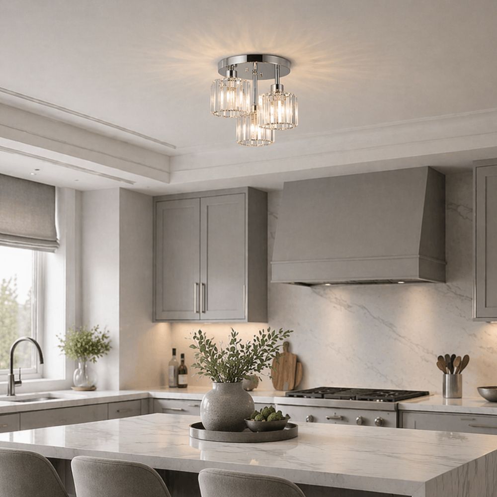 Semi Flush Ceiling Light Modern Art Deco with Crystal Glass Shades 3-Light