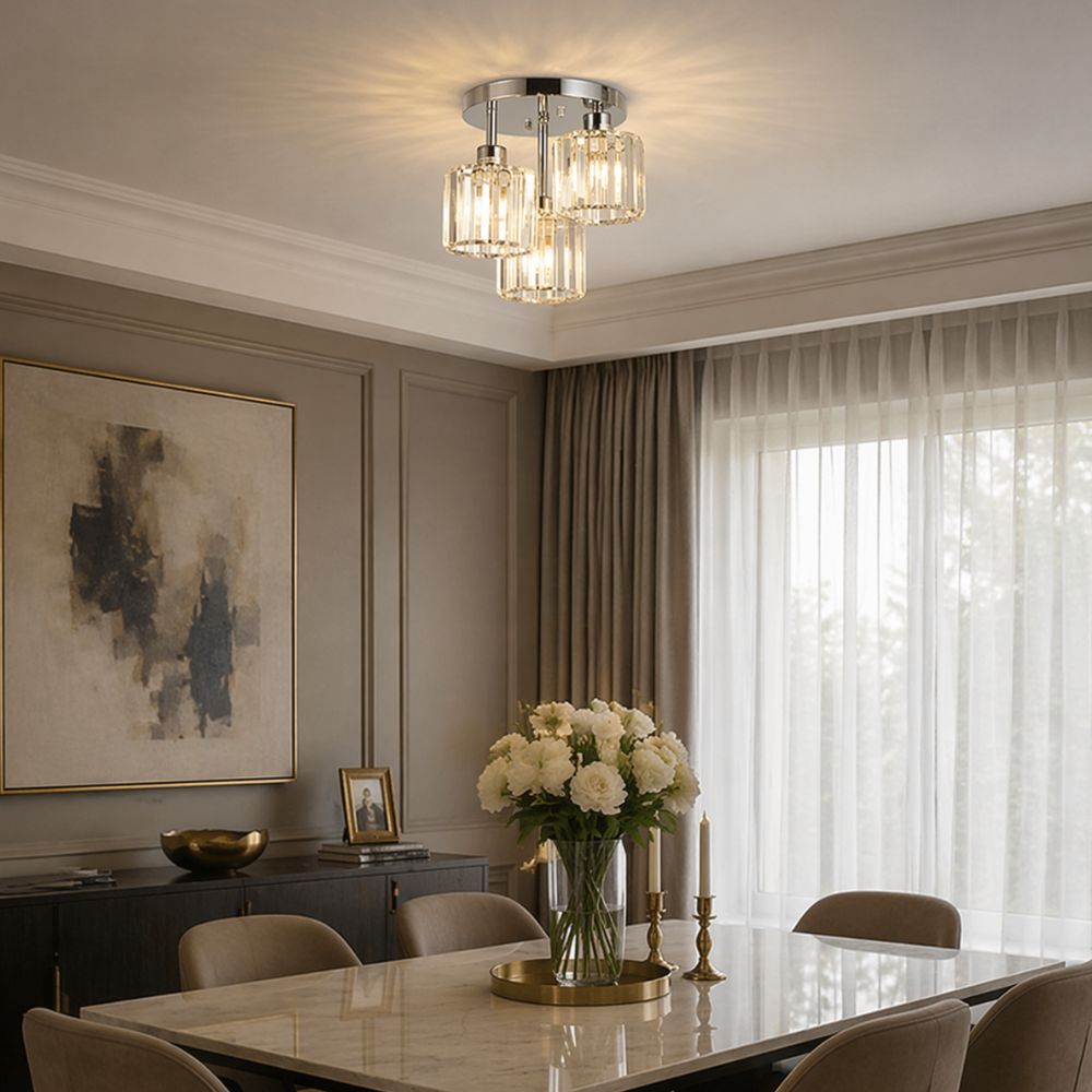 Semi Flush Ceiling Light Modern Art Deco with Crystal Glass Shades 3-Light