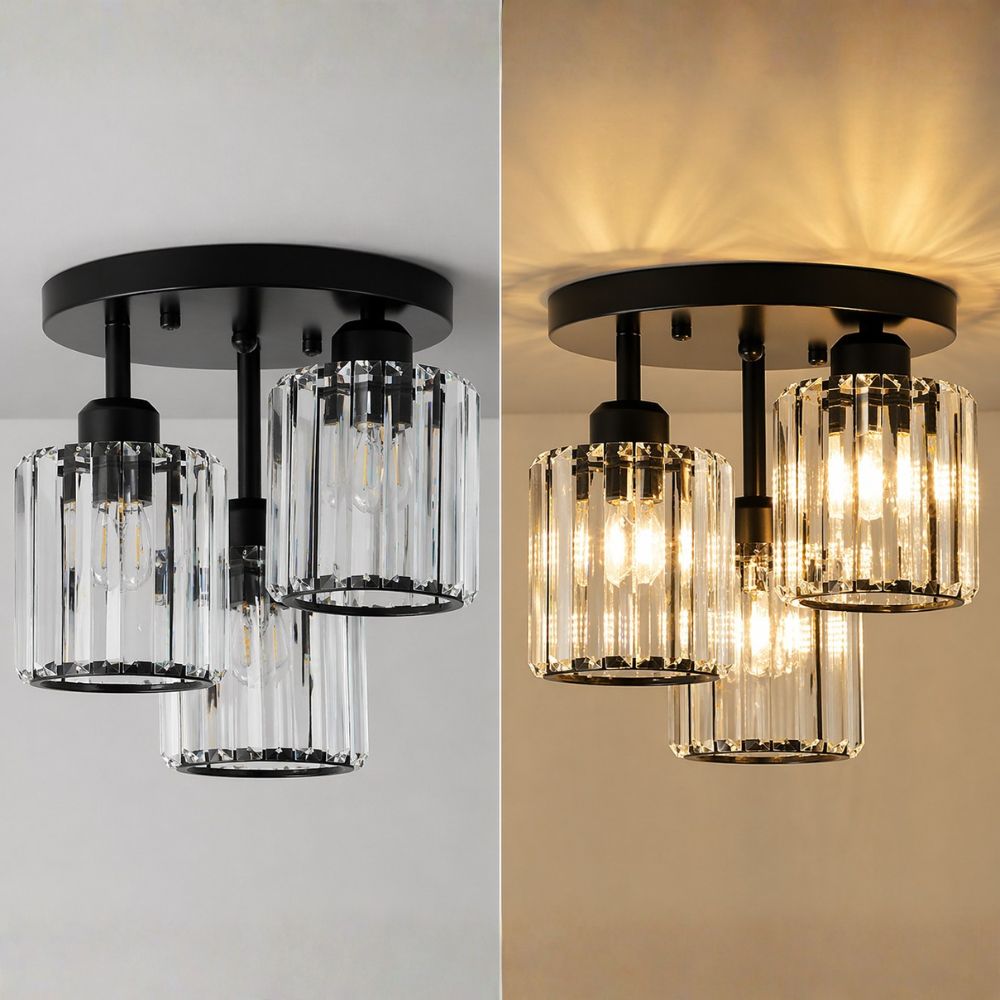 Semi Flush Ceiling Light Modern Art Deco with Crystal Glass Shades 3-Light