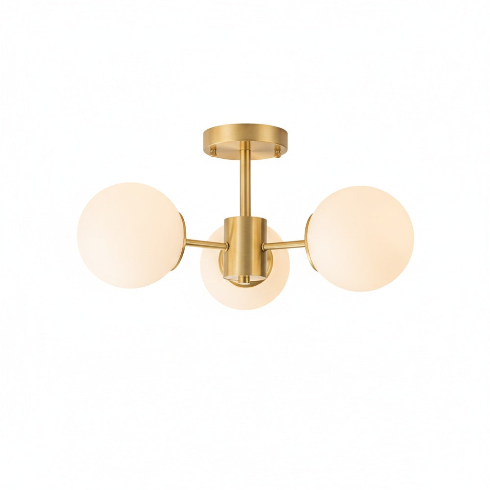 Semi Flush Mount Ceiling Light Modern with 3 Globe Shades and Brass Finish