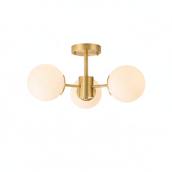 Semi Flush Mount Ceiling Light Modern with 3 Globe Shades and Brass Finish
