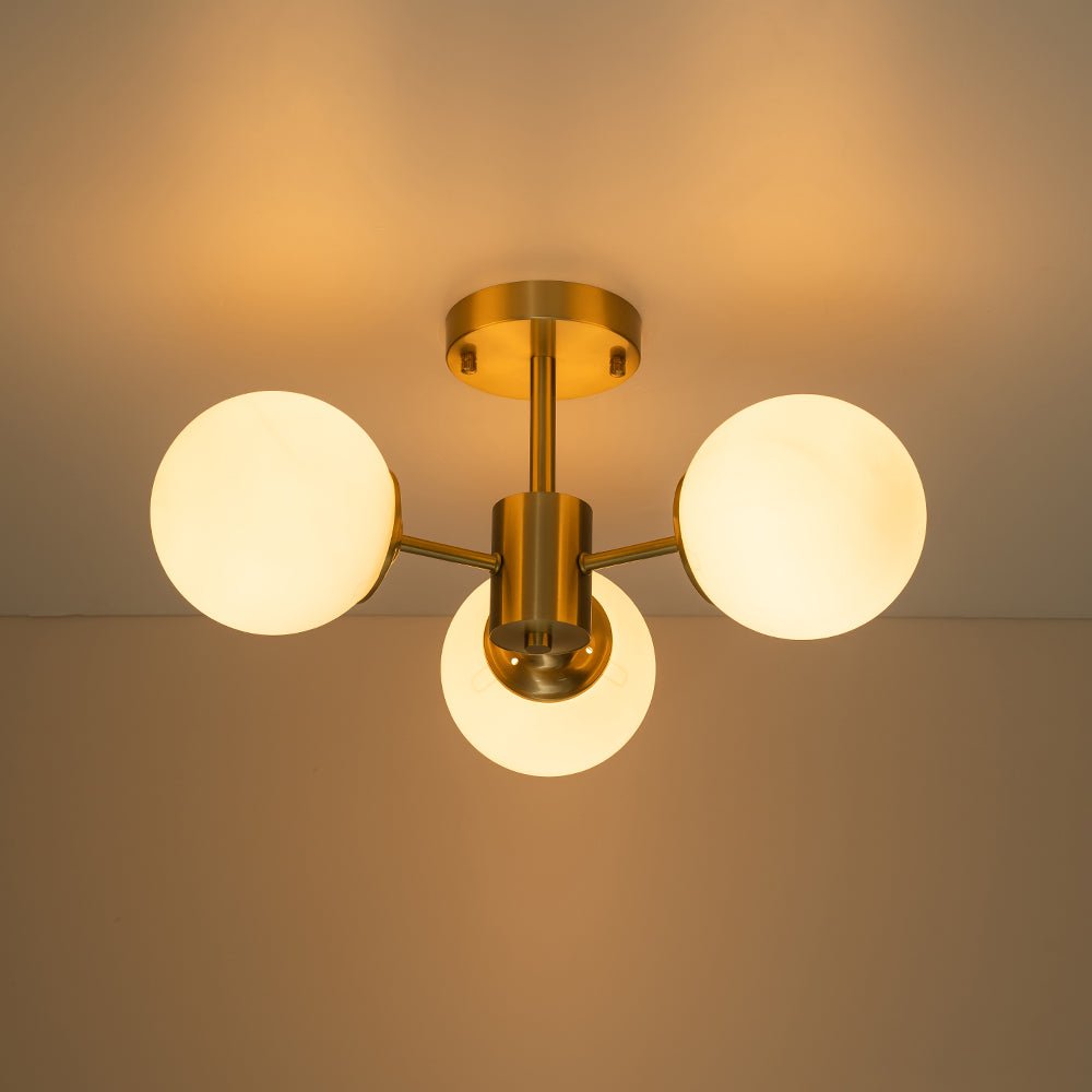 Semi Flush Mount Ceiling Light Modern with 3 Globe Shades and Brass Finish