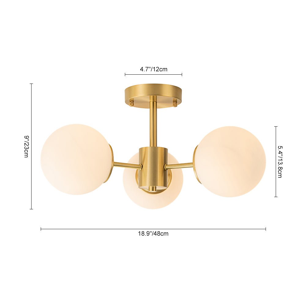 Semi Flush Mount Ceiling Light Modern with 3 Globe Shades and Brass Finish