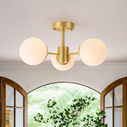 Semi Flush Mount Ceiling Light Modern with 3 Globe Shades and Brass Finish