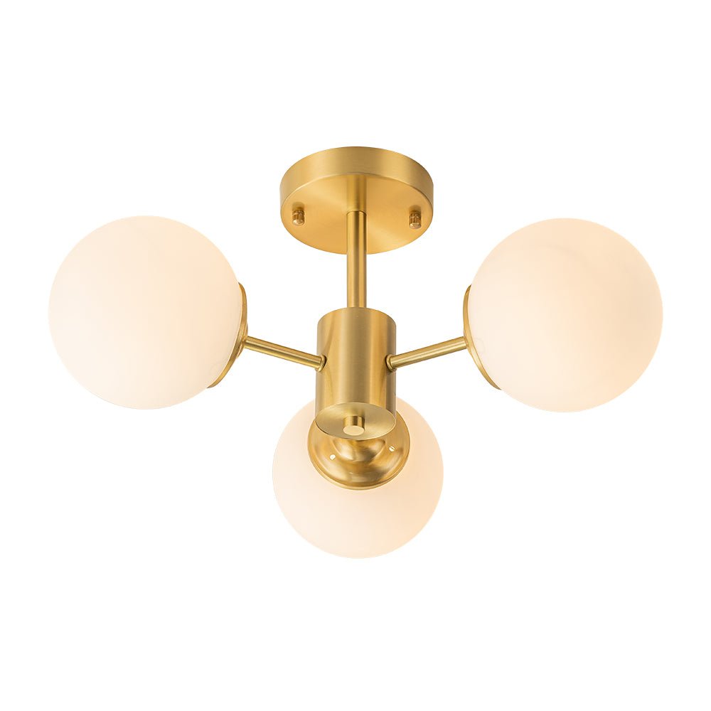 Semi Flush Mount Ceiling Light Modern with 3 Globe Shades and Brass Finish