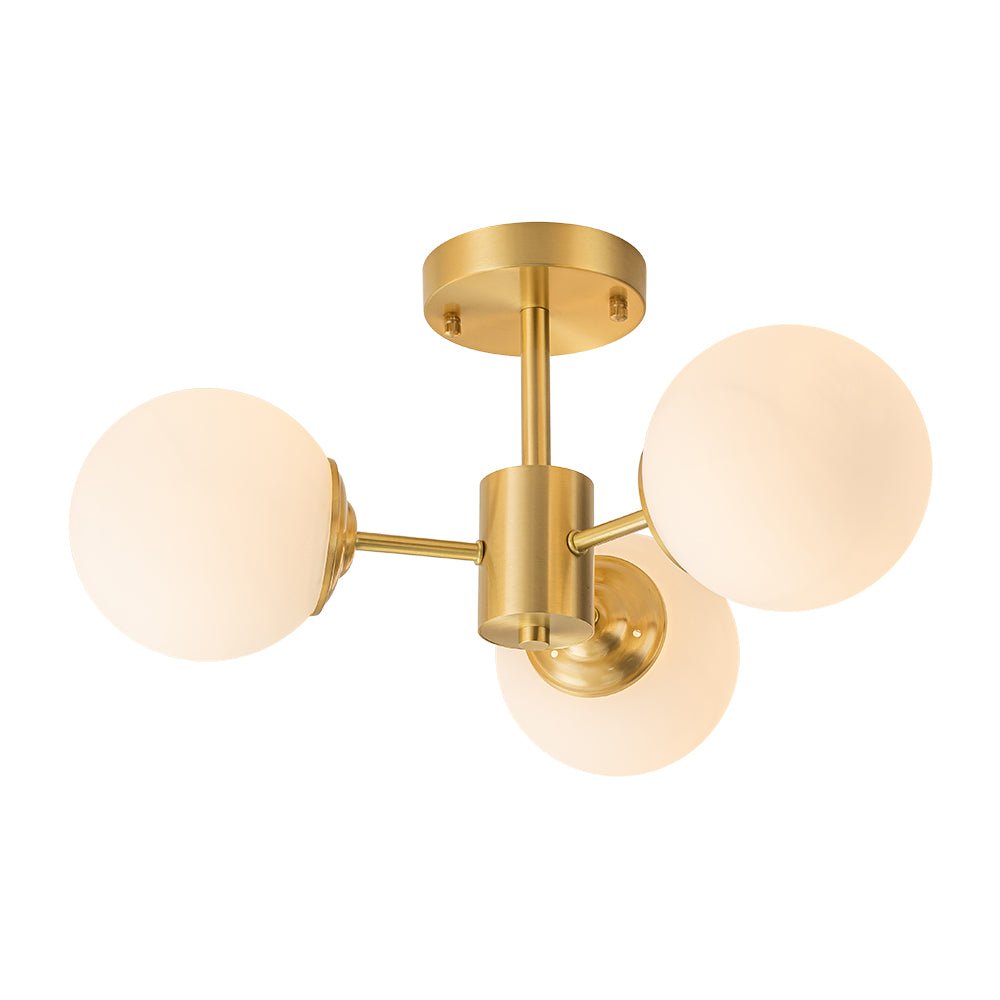 Semi Flush Mount Ceiling Light Modern with 3 Globe Shades and Brass Finish