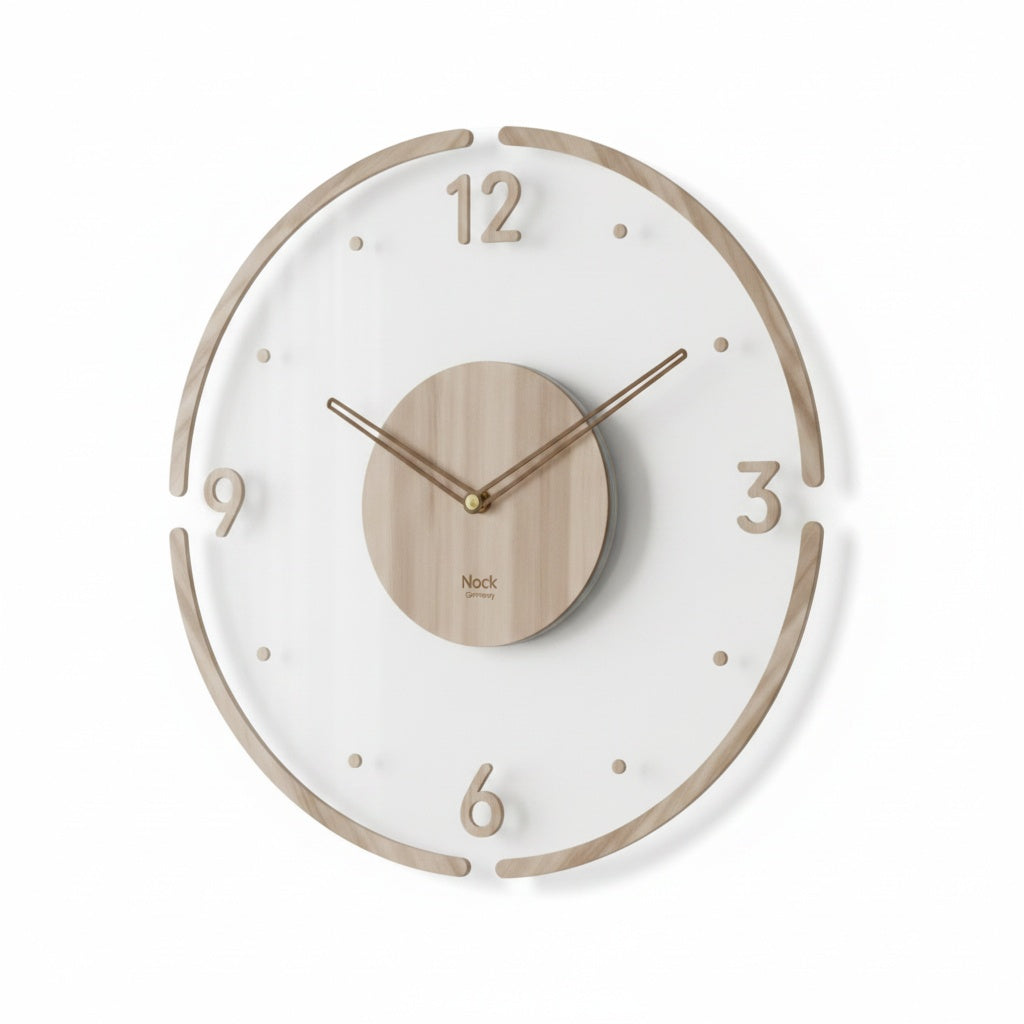 Silent Wall Clock with Wood and Acrylic Face, Round Minimalist Design