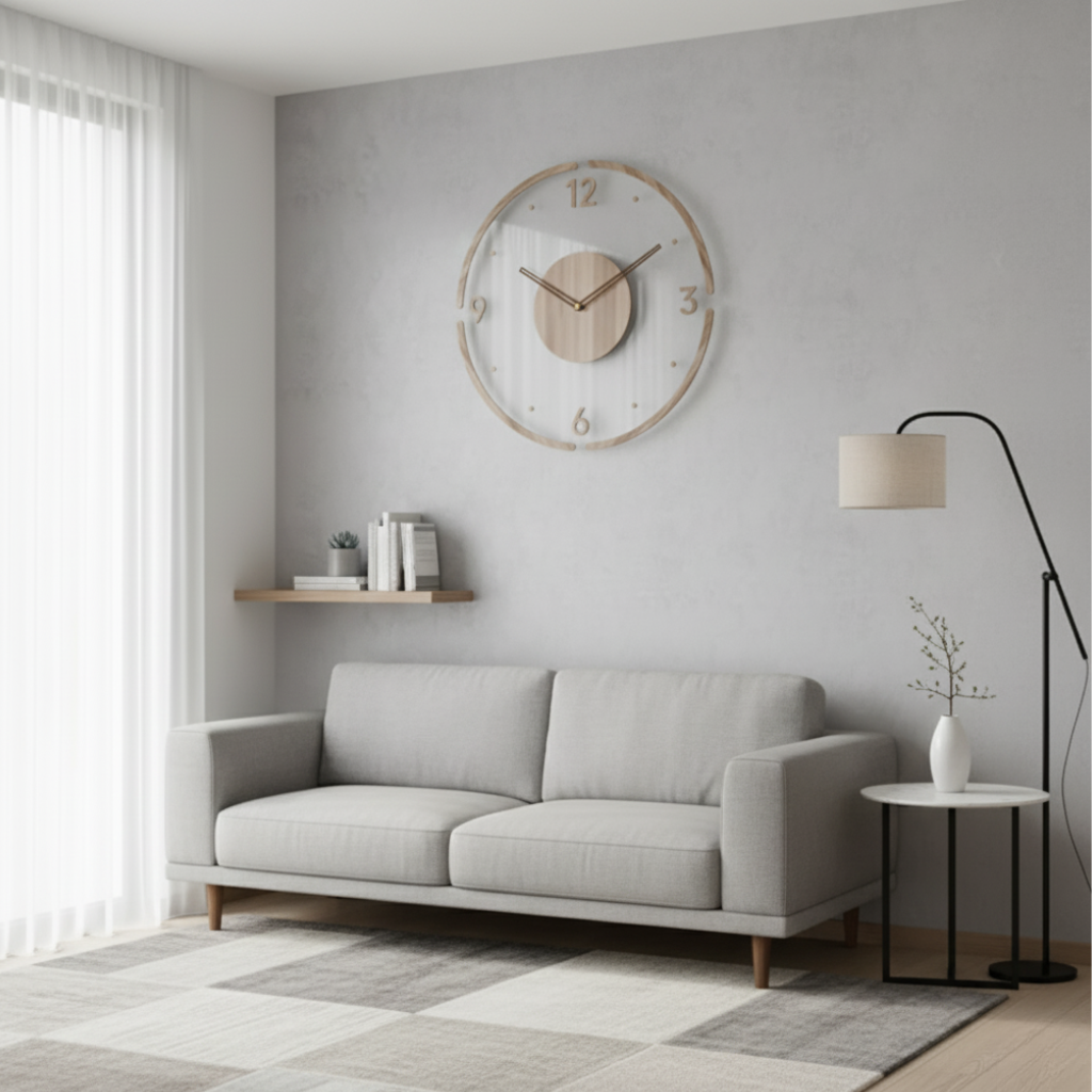 Silent Wall Clock with Wood and Acrylic Face, Round Minimalist Design