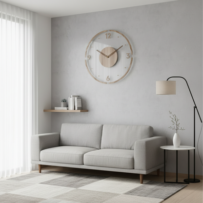 Silent Wall Clock with Wood and Acrylic Face, Round Minimalist Design