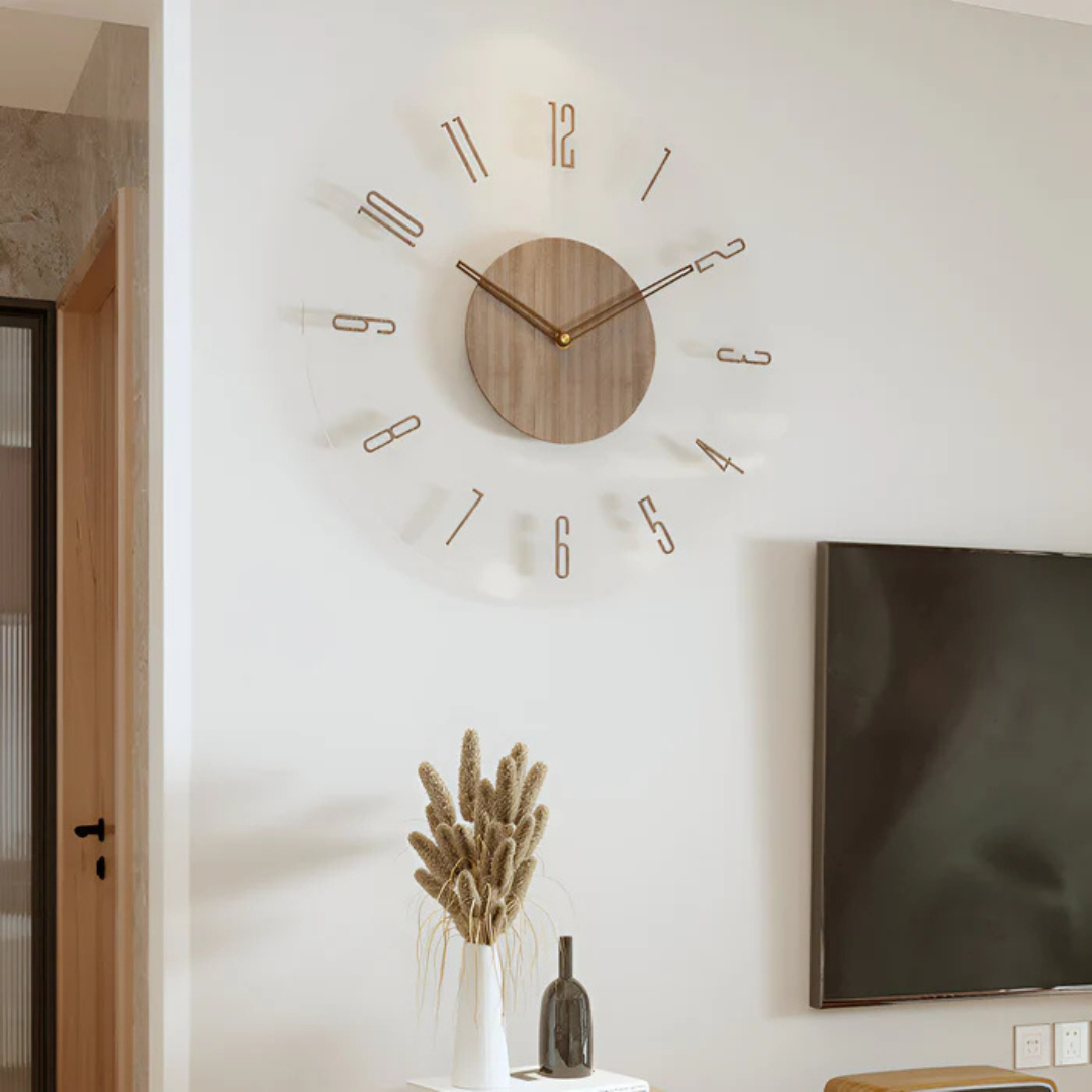 Silent Wall Clock with Wood and Acrylic Face, Round Minimalist Design