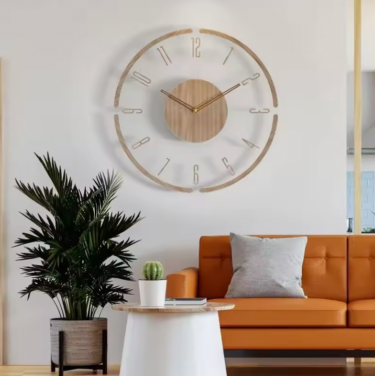 Silent Wall Clock with Wood and Acrylic Face, Round Minimalist Design