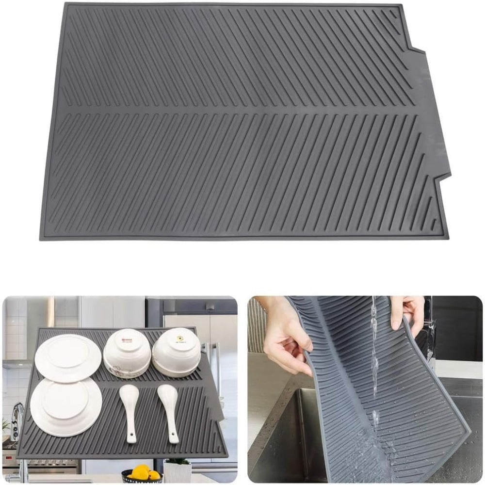 Silicone Dish Drying Mat with Ridged Drainage Surface and Rollable Design