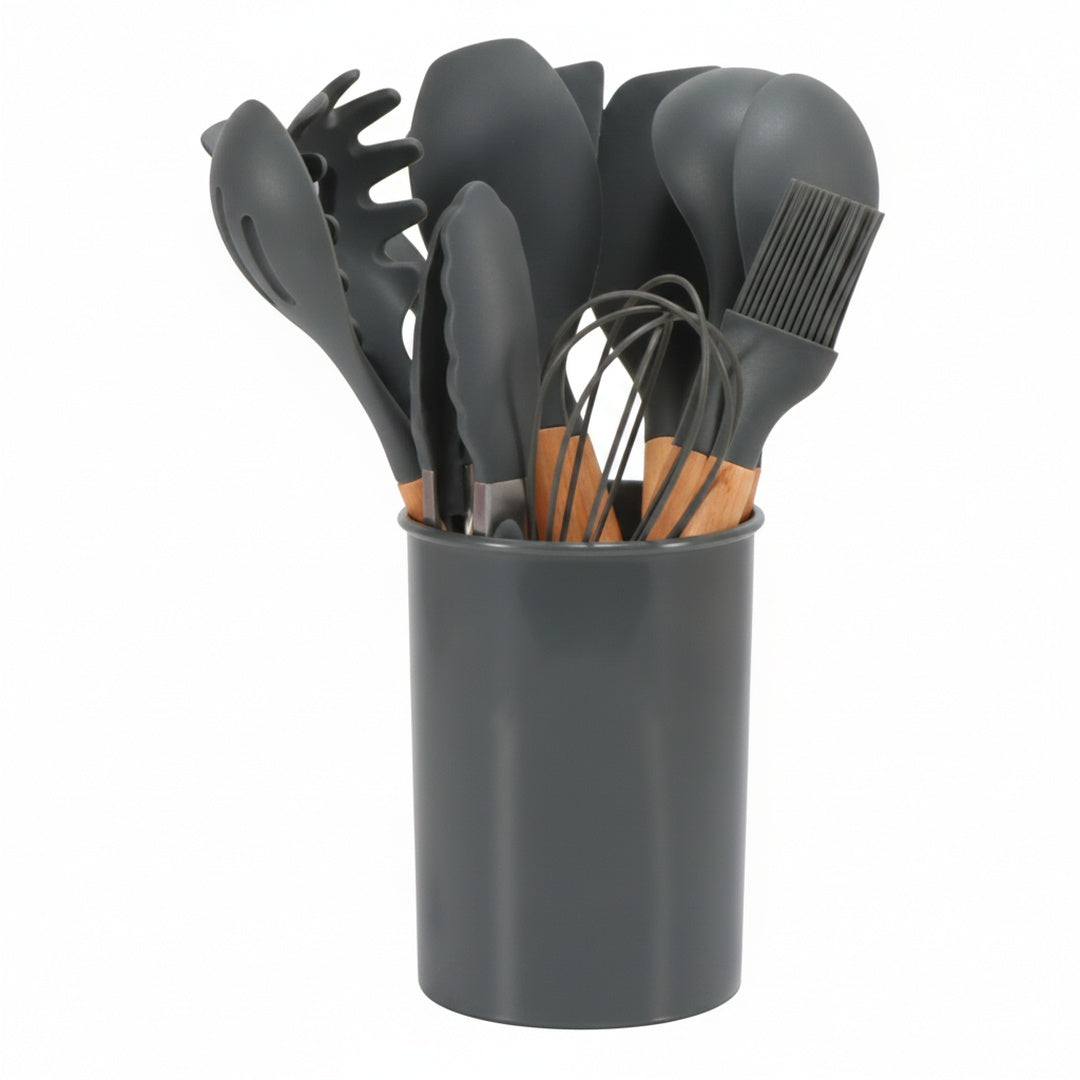 Silicone Kitchen Utensil Set with Wooden Handles and Storage Holder, 12-Piece