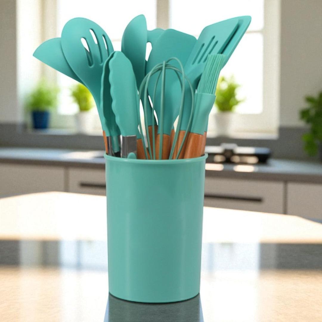 Silicone Kitchen Utensil Set with Wooden Handles and Storage Holder, 12-Piece