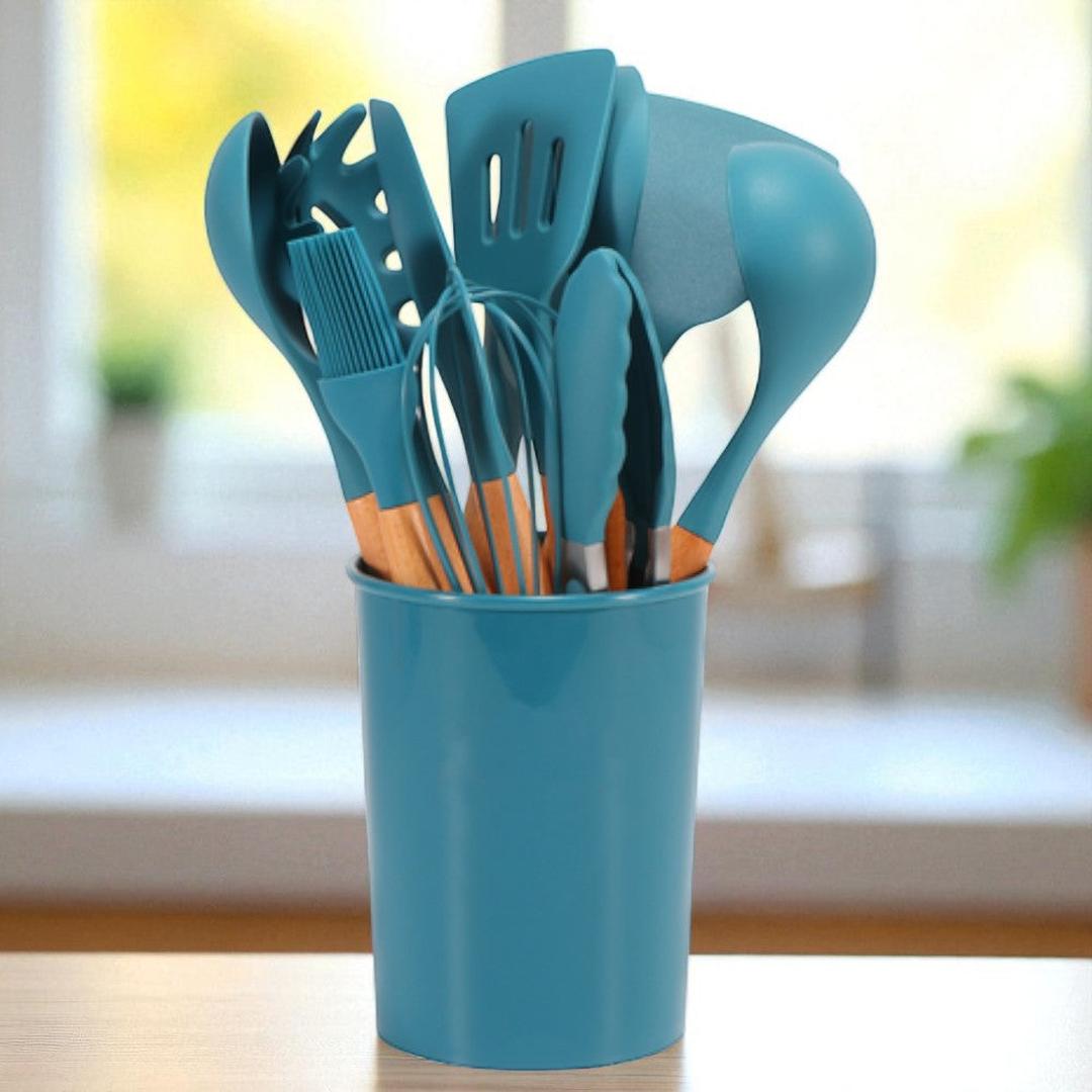 Silicone Kitchen Utensil Set with Wooden Handles and Storage Holder, 12-Piece