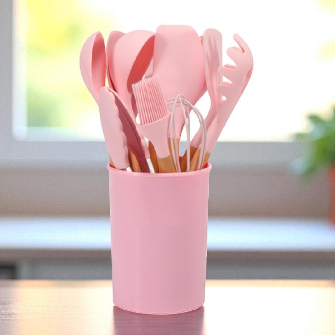 Silicone Kitchen Utensil Set with Wooden Handles and Storage Holder, 12-Piece