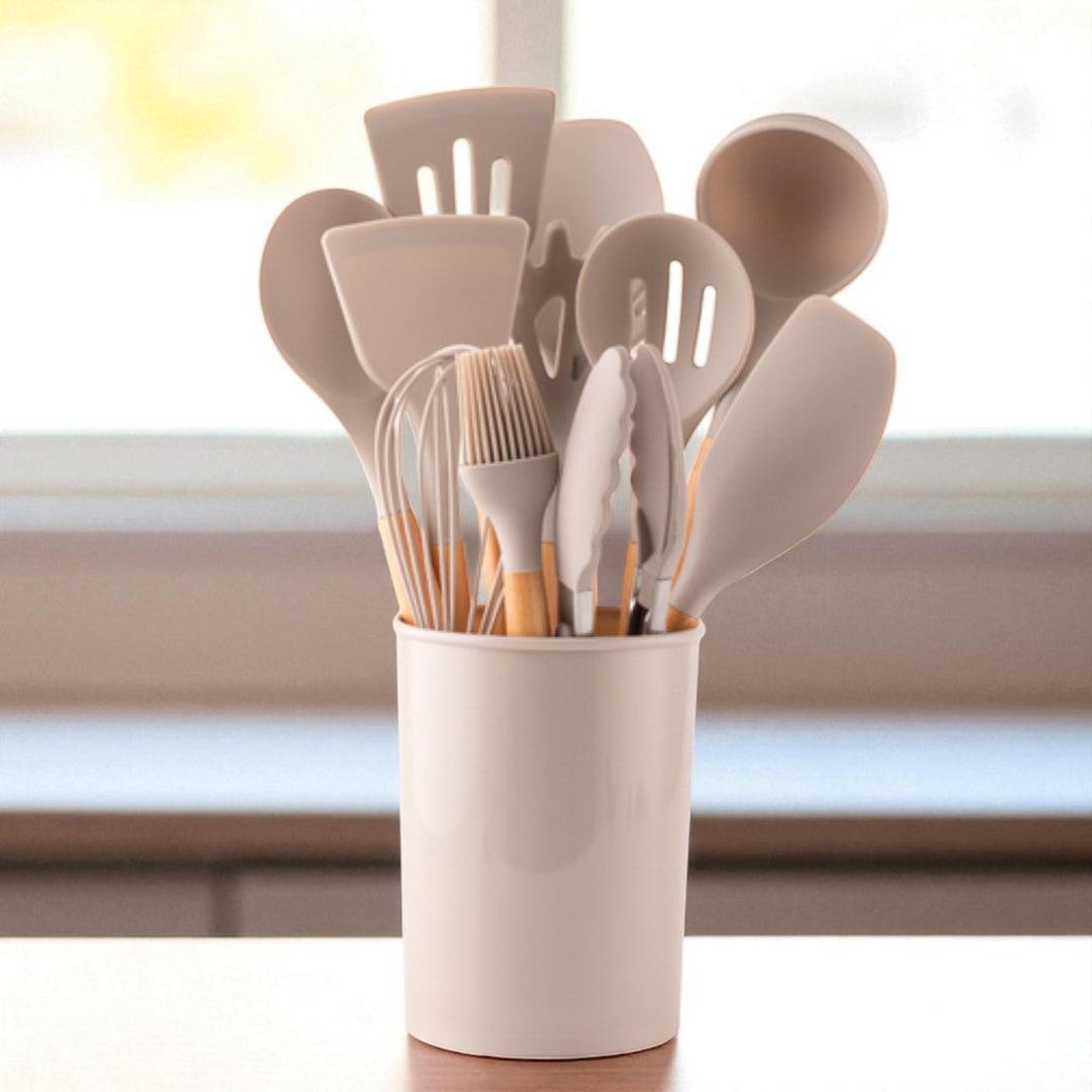 Silicone Kitchen Utensil Set with Wooden Handles and Storage Holder, 12-Piece
