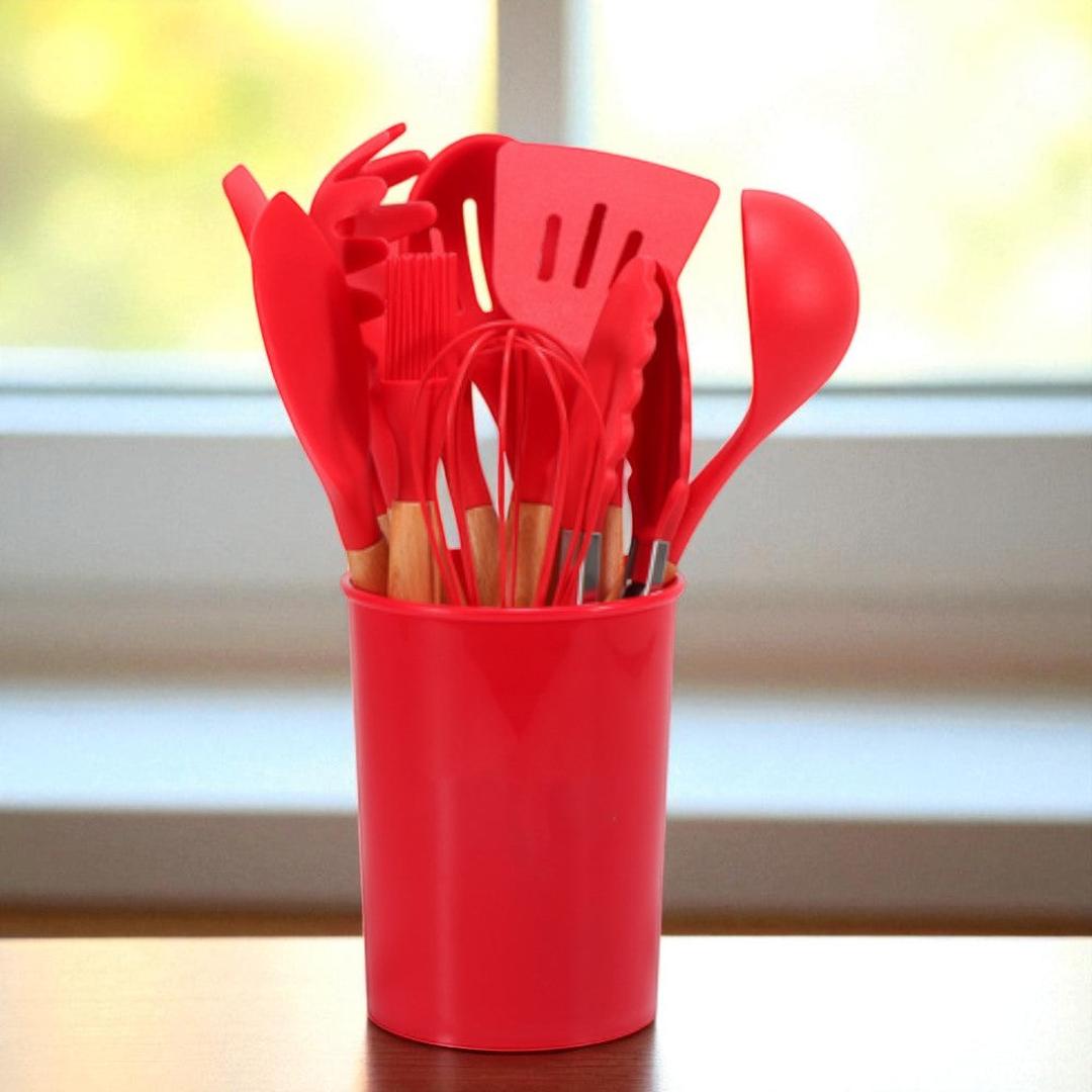 Silicone Kitchen Utensil Set with Wooden Handles and Storage Holder, 12-Piece