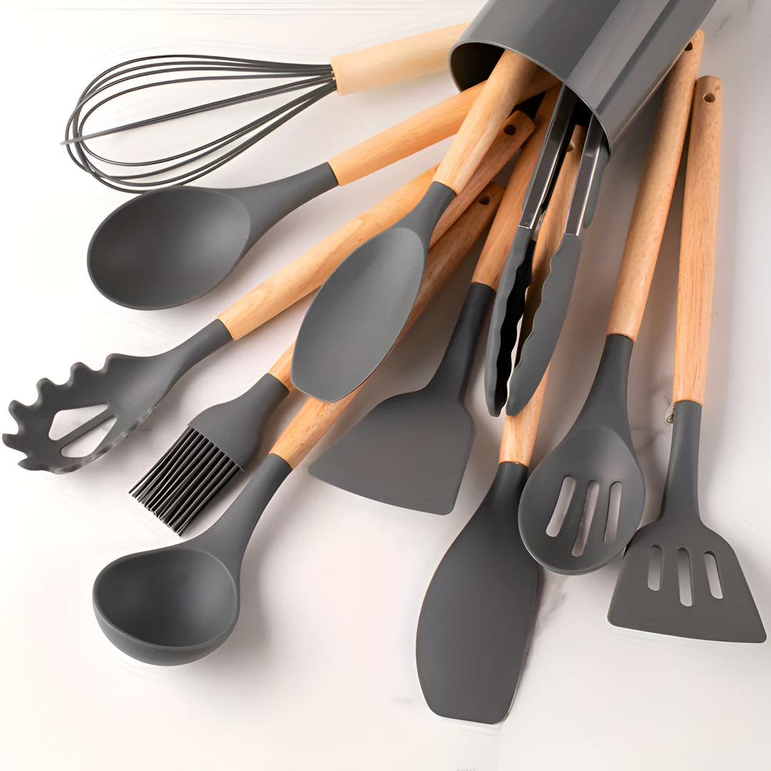 Silicone Kitchen Utensil Set with Wooden Handles and Storage Holder, 12-Piece
