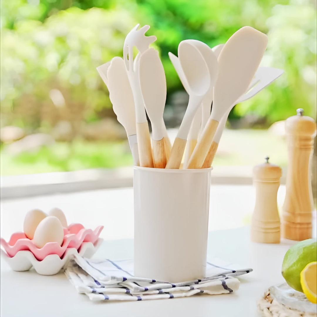 Silicone Kitchen Utensil Set with Wooden Handles and Storage Holder, 12-Piece