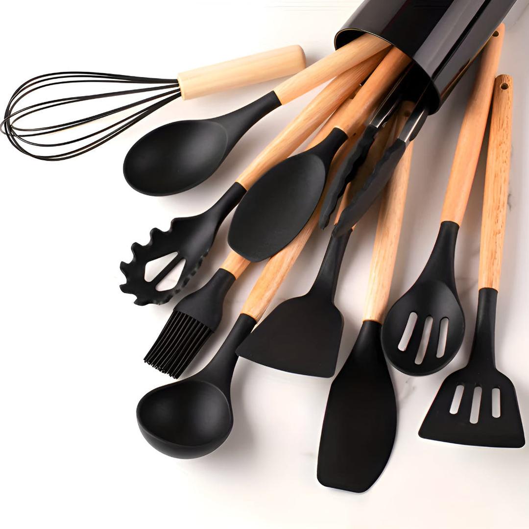 Silicone Kitchen Utensil Set with Wooden Handles and Storage Holder, 12-Piece