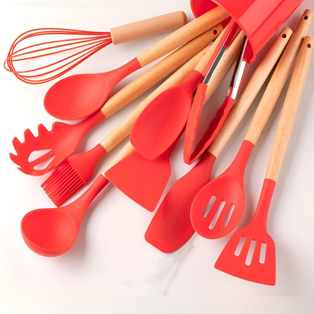 Silicone Kitchen Utensil Set with Wooden Handles and Storage Holder, 12-Piece