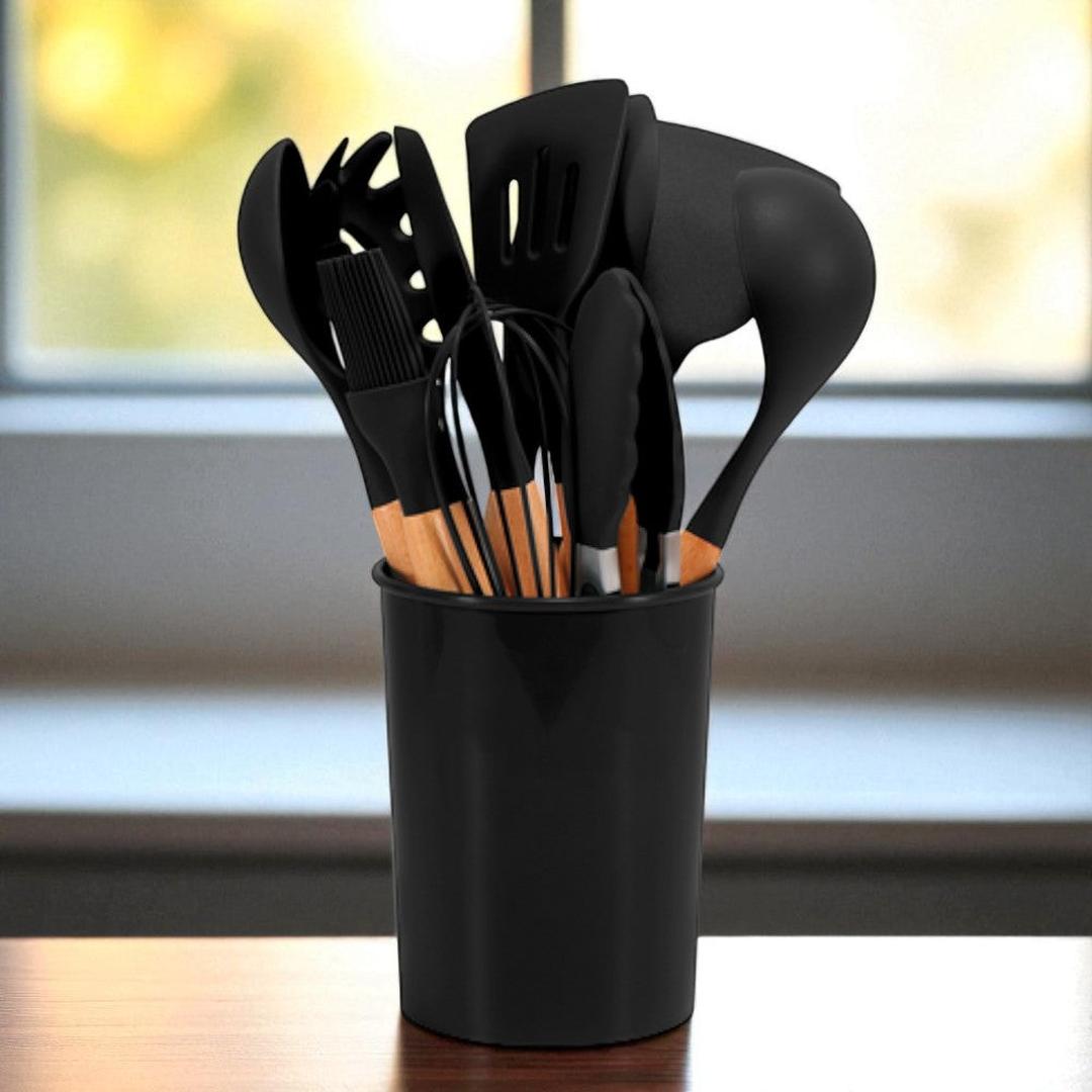 Silicone Kitchen Utensil Set with Wooden Handles and Storage Holder, 12-Piece